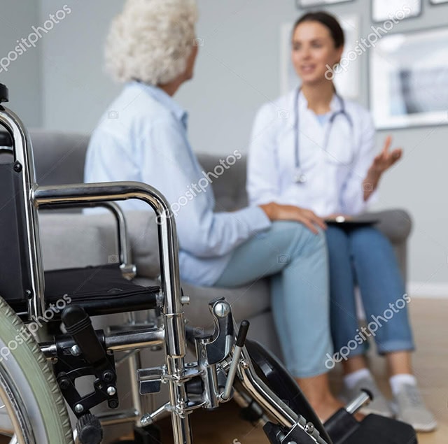depositphotos 378636818 stock photo physiotherapist elderly woman talking seated 1